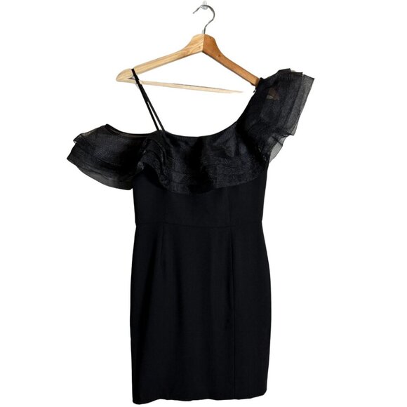 Aidan Mattox Asymmetric Ruffle Bodycon Cocktail Mini Dress Womens 6 Black Tulle - Picture 1 of 13